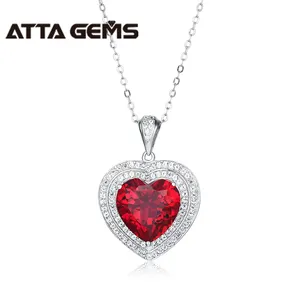 2024 Christmas Jewelry Birthstone Created Ruby Heart Shape Design S925 Zircon Halo Gemstone Pendant Necklace Jewelry for Women