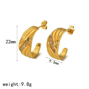 C Shaped Diamond Encrusted Stainless Steel Stud Earrings For Women <b>Titanium</b> Steel With Zircon Inlay Everyday Wear - Product Image 3