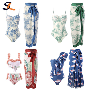 Manufacturer Custom New Sexy Print <strong>3</strong> <strong>Piece</strong> Bikini Beachwear With Sarong Cover up Ruffle Swimsuit Women Bandeau <strong>Swimwear</strong> - Product Image 2