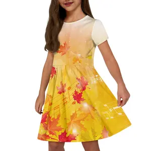 Diskon besar pakaian anak-anak gaun desain Maple labu Thanksgiving untuk anak perempuan lengan pendek gaun bayi cetak sesuai permintaan