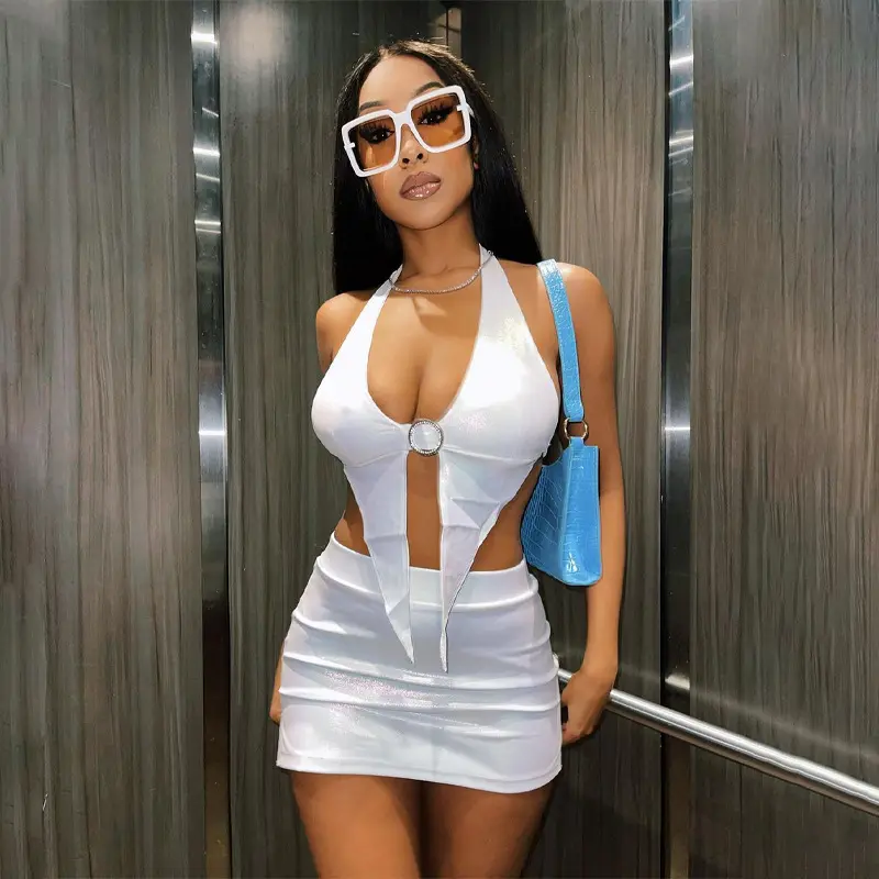 2022 spring new trending woman clothes two piece skirts set Halter neck wrap skirt two-piece fashion casual suit