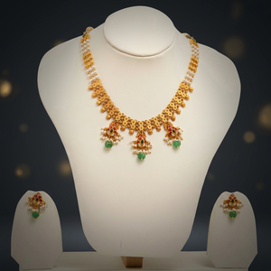 Traditional Gold <b>Necklace</b> Set with Green Emerald and Red <b>Ruby</b> Accents Featuring Elegant Pearl String Detailing - Product Image 3