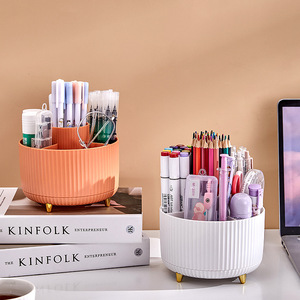 <b>Rotating</b> Makeup Brush Holder Cosmetic Organizer With Lipstick Storage And Pen Stand For <b>Desk</b> Vanity Use White 4 In 1 Design - Product Image 4