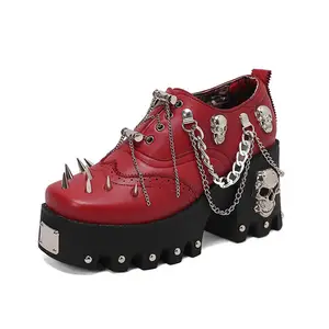 Lujo tamaño grande 46 estilo rocoso Metal calavera decoración bombas moda remaches tacones gruesos zapatos mujeres encaje cadena botines Casuales