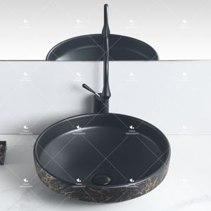 Lavabo de Diseño Creativo Yeson, Redondo, de Porcelana con Efecto Mármol Negro y Dorado, Lavamanos de Cerámica para Baño, Lavabo Artístico para Encimera - Product Image 2