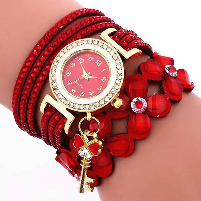 Heart Shaped Key Pendant Quartz Watch Decoration Four Flowers Colored Crystal Velvet Bracelet Quartz Wrist Watch Set For Women