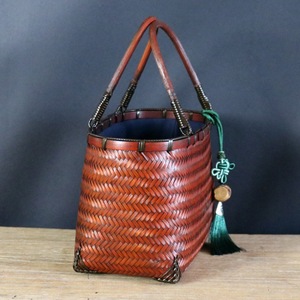 Bamboo Woven Handbag Vintage Women's <b>Tote</b> Basket Solid Color <b>Canvas</b> Lining Bamboo Craft Gift Bag - Product Image 3