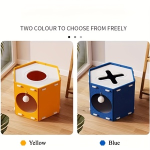 Lit grattoir pour chat en feutre à 2 niveaux avec boule suspendue, sans perte de poils, durable, bleu et jaune, mobilier pour chat d'intérieur, montage facile - Product Image 5