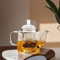 Théière en verre borosilicate transparent épais de 350 ml, résistante à la chaleur, à fond carré, avec infuseur à thé et couvercle en verre soufflé à la main