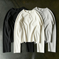 T-shirt Henley à manches longues en coton 100% de 300 grammes, coupe lourde, avec manches raglan et tricot gaufré pour homme