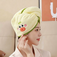 Serviette de séchage pour cheveux en polaire corail brodée avec un motif de dessin animé mignon, super absorbante et à séchage rapide, turban pour cheveux pour femmes