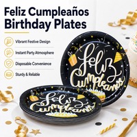 Assiettes d'anniversaire élégantes Feliz Cumpleanos, fournitures de table pour fête, assiettes en papier jetables noires et dorées avec motif de gâteau