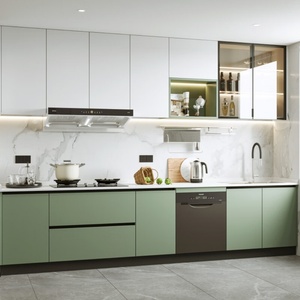 Modern Kitchen Base <b>Cabinets</b> With Quartz Countertops And Integrated Design Green Lacquered Finish Wall Mount Style - Product Image 1