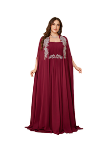 Conjunto de Dos Piezas de Vestido de Noche Elegante para Mujer, Color Borgoña, Manga Larga Tipo <span class=keywords><strong>Capa</strong></span>, con Lentejuelas y Parches, Ajustado, de Gasa - Product Image 1