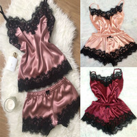 Ensemble Pyjama Satin Doux Respirant Lingerie Nuit Shorts Femme Fille Haute Qualité — Vente Flash