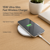Chargeur sans fil de bureau ultra-mince 15W, charge rapide Type-C PD/QC3.0, protection ignifuge et OTP, indicateur LED pour téléphones mobiles