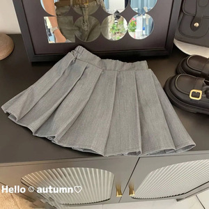 Girls Pleated Skirt Gray Cotton Solid Color Autumn School Style Casual Wear - Product Image 1