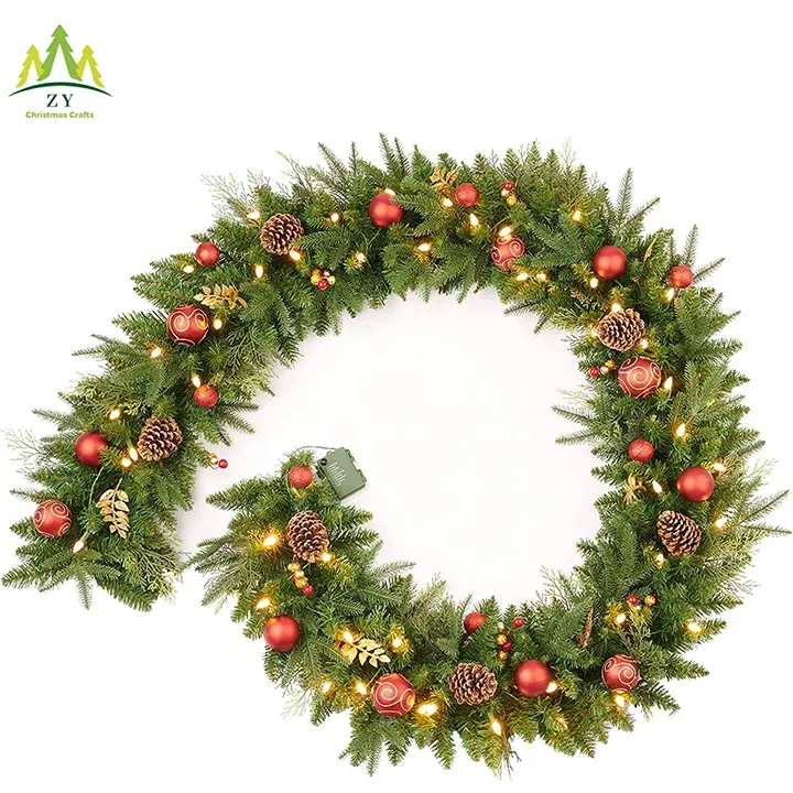 Hot Selling 2023 9Ft Luxurious Christmas Garland with Balls,Pine cones, Warm Lights