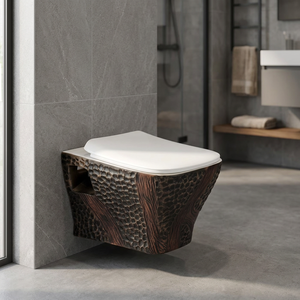 WC monobloc carré moderne en céramique, finition mate, design bois gaufré, double chasse, pour salle de bain de villa de luxe - Product Image 2