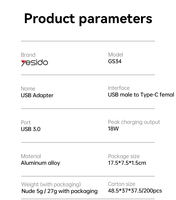Adaptateur OTG Yesido USB2.0 18W à charge rapide en alliage d'aluminium USB mâle vers Type-C femelle GS34