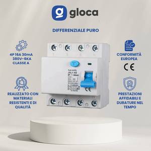 Disjoncteur différentiel Gloca RCCB 4P 300mA 380V 6kA Classe A 16A pour protection domestique, montage modulaire - Product Image 2