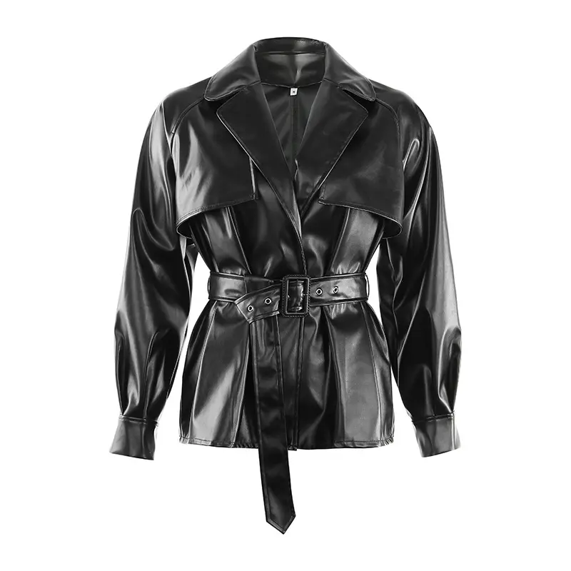 FC13699 חדש נשים סתיו חורף שחור עור מעילים בסיסי מעיל תורו למטה צווארון מעיל עם חגורה