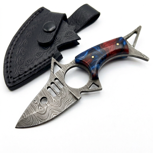 Cuchillo de Pesca y Camping de Acero de Damasco de Grado Industrial Hecho a Mano con Mango de Resina Azul y Roja, Pernos de Latón y Funda de Cuero Genuino OEM - Product Image 1