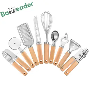 9pcs Stainless Steel Cheese Grater Citrus Zester Peeler Wooden Cookware Sets Tools Kitchen Utensil Set with Bamboo Handle Holder