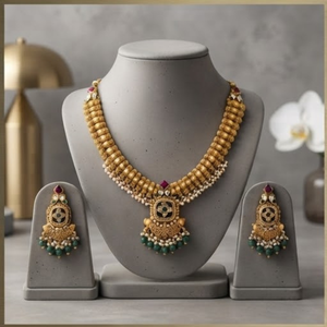 Gold Plated Bridal Jewelry Set Pearled <b>Beaded</b> <b>Necklace</b> and Earring Set Ethnic Wedding Jewelry for Women - Product Image 1
