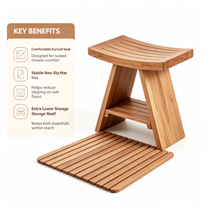 2 Pieces Solid Teak Shower Set <strong>Curved</strong> Shower Stool with Storage Shelf +Square Slatted <strong>Bath</strong> <strong>Mat</strong> - Product Image 2