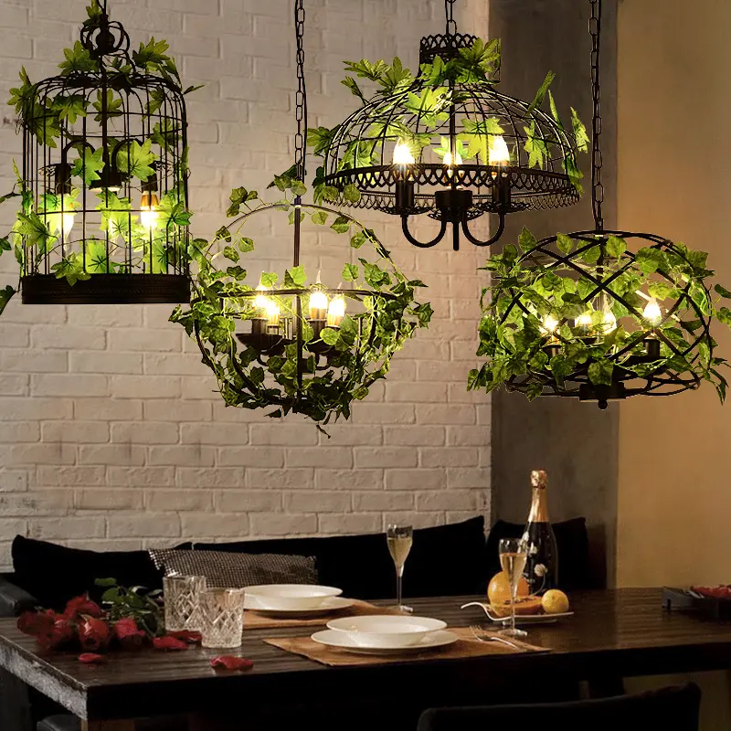 人工植物装飾的な黒い鉄のシャンデリアヴィンテージハンギングランプキッチンレストランはモダンなケージペンダントライトを導きました