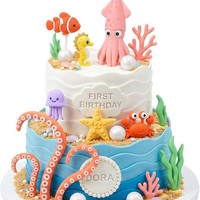 Kit de Adornos para Pastel de Animales Marinos: Calamar, Pez Payaso, Caballito de Mar, Medusa, Cangrejo, Estrella de Mar, Pulpo, Coral, Perla, Artículos para Fiestas de Cumpleaños