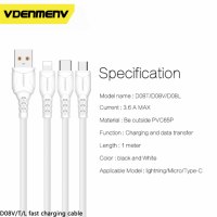 Cable de Datos VDENMENV D08T Original de PVC de 1 M con Carga Rápida, Compatible con Carga Súper Rápida de 67W/80W/120W