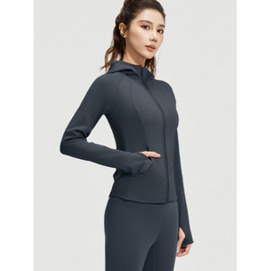 Chaqueta de punto para mujer con cintura elástica, manga larga, cremallera, capucha, de secado rápido, para fitness, color negro - Product Image 3