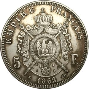 Pièce de monnaie française de 5 francs plaquée argent, reproduction de la pièce de monnaie française de l'Empereur <span class=keywords><strong>Napoléon</strong></span> III couronné, ancienne FRANCE, 1861-1867, <span class=keywords><strong>pièces</strong></span> de collection en cuivre - Product Image 3