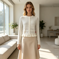 Clara – Haut tricoté plat pointelle blanc de haute qualité pour femme, personnalisable OEM, couleur unie, manches longues, boutons en corne