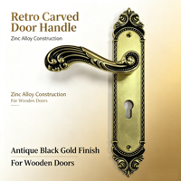 WINDSGO Ensemble de poignées de porte de villa classique européenne en alliage de zinc noir et or, avec levier à motif festonné et plaque de dos longue gravée