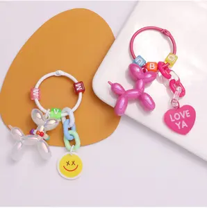 Colorido Acrílico Balão Dog Keychain Pearl Bowknot Puppy Key Chains Para Mulheres Creative Bag Encantos Acessórios Girl Friend Gift