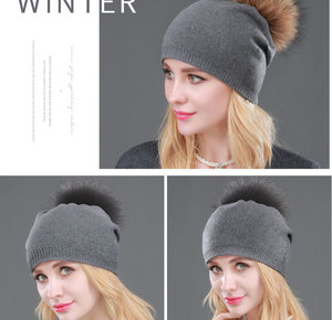 Nouveau <span class=keywords><strong>bonnet</strong></span> en tricot d'hiver pour femmes, mode, véritable fourrure de raton laveur, <span class=keywords><strong>pompon</strong></span>, <span class=keywords><strong>bonnet</strong></span> en <span class=keywords><strong>cachemire</strong></span> et laine, <span class=keywords><strong>bonnet</strong></span> ample - Product Image 6
