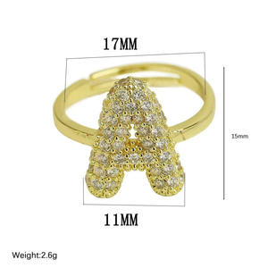 Vente en gros de bagues en or plaqué cuivre avec des lettres anglaises en zirconium zircon de 26 lettres, effet bulles bombées, pour femmes, or - Product Image 2