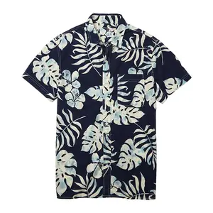 Camisa de algodão poplin para homens, camisa estampada de algodão com gola casual, botão frontal, estampa de liga, estilo tropical para o verão