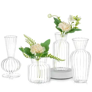 Toptan silindir nervürlü cam tomurcuk vazo düğün küçük tek mini tomurcuk çiçek vazo temizle cam tomurcuk vazo toplu olarak set