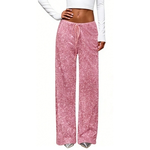 Pantalon large en velours à sequins pour femme - Pantalon de soirée à nouer à la taille - Tendance - Product Image 3