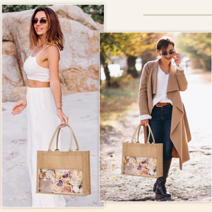 Sacs fourre-tout en toile de jute de haute qualité avec fenêtre transparente en PVC Cadeau de mariage de grande capacité avec logo personnalisé - Product Image 5