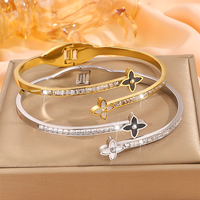 Bracelet jonc trèfle à quatre feuilles avec zircon, acier inox plaqué or 18K, bijou cadeau tendance femme