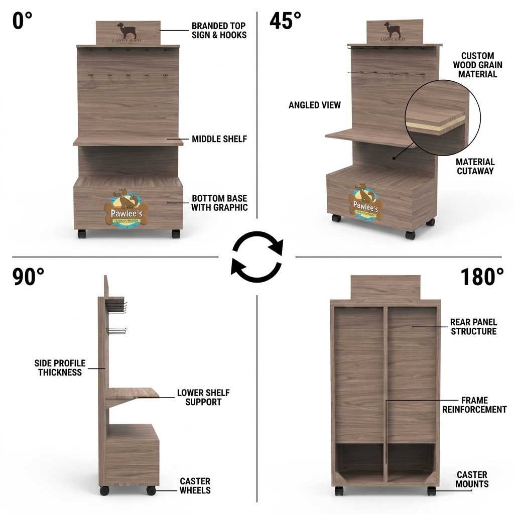 Wholesale Custom Wooden Pet Food Display Rack Floor Standing Dog Treat Merchandiser Stand with Hooks Pet Shop Retail Fixture OEM — view 3