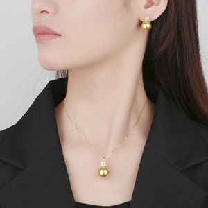 Fashion Eco-friendly Copper Simple Daily Wear Necklace <b>Earrings</b> Set Gold Plated 14-12mm Golden Shell Pearl Jewelry Set for Women - Product Image 6