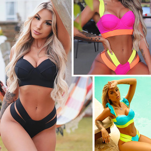 Wholesale Solid Color V Neck Backless Bikini Sexy Hollow Swimsuit Swimwear - Product Image 1