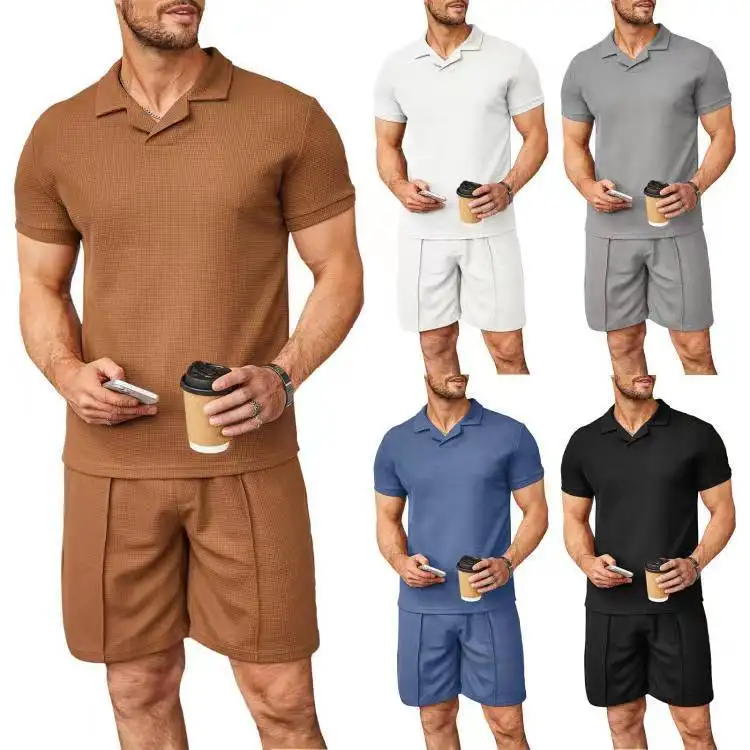 Summer V Neck Waffle 2 Piece Shorts And T Shirt Sets For Men