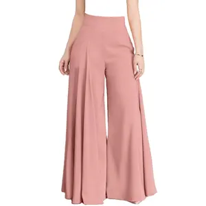 Calças largas elegantes de cintura alta para mulheres primavera vintage calças flare casual com zíper sólido calças de verão de tricô em poliéster